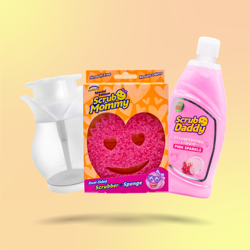 Scrub Daddy Čistě růžová sada na mytí nádobí s dávkovačem na prostředek na nádobí, houbičkou Scrub Mommy a prostředkem na nádobí Scrub Daddy Pink Sparkle